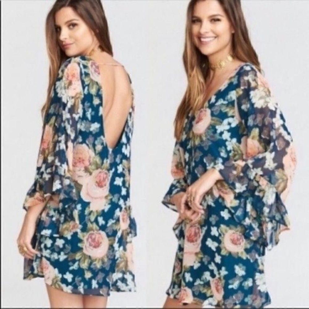 Show me your Mumu womans Green floral Tunic dress bell sleeve Small BoxC